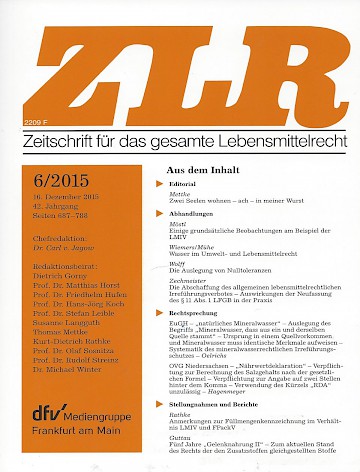 Titelblatt:Zeitschrift für das gesamte Lebensmittelrecht  ZLR